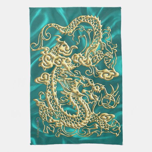 Gold Dragon Turquoise Satin Lush Kitchen Towel Theedoek (Verticaal)