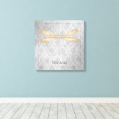 Gold Dragonfly Damask Canvas Afdruk (Insitu (Houten vloer))