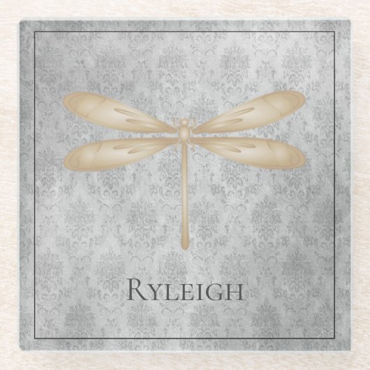 Gold Dragonfly Damask Glazen Onderzetter (Voorkant)