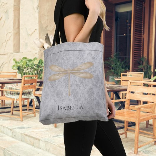 Gold Dragonfly Damask Tote Bag