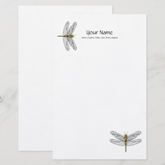 Gold Dragonfly Linen Briefpapier (Voorkant / Achterkant)