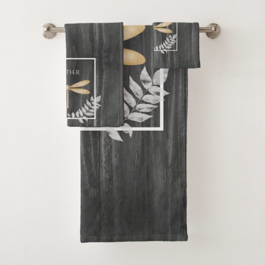 Gold Dragonfly Rustic Personalized Bath Towel Set Bad Handdoek (Insitu)