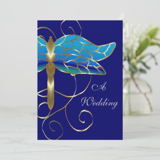 Gold Dragonfly Tiara Wedding Invitation Kaart (Staand voorkant)