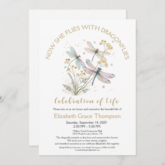 Gold Dragonfly Viering van het Leven Uitnodiging (Voorkant / Achterkant)