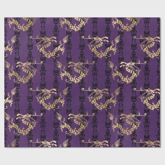 Gold Dragons op Paars Cadeaupapier (Vlak)