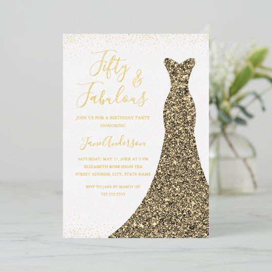 Gold Dress 50 & Fabulous Birthday Folie Folie Uitn Folie Uitnodiging (Staand Voorkant)
