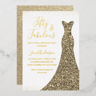 Gold Dress 50 & Fabulous Birthday Folie Folie Uitnodiging