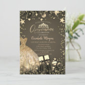 Gold Dress, Branches, Diamonds Stars Quinceañera Kaart (Staand voorkant)