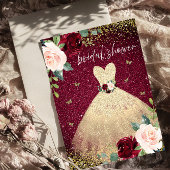 Gold Dress Burgundy Red Floral Vrijgezellenfeest Kaart