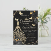 Gold Dress,Butterfly Black Roses Quinceañera Kaart (Staand voorkant)