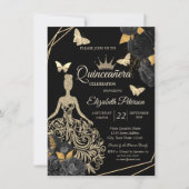 Gold Dress,Butterfly Black Roses Quinceañera Kaart (Voorkant)