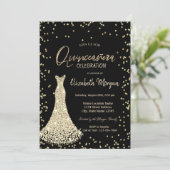 Gold Dress Diamonds Black Quinceañera Kaart (Staand voorkant)