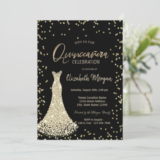 Gold Dress Diamonds Black Quinceañera Kaart (Staand voorkant)