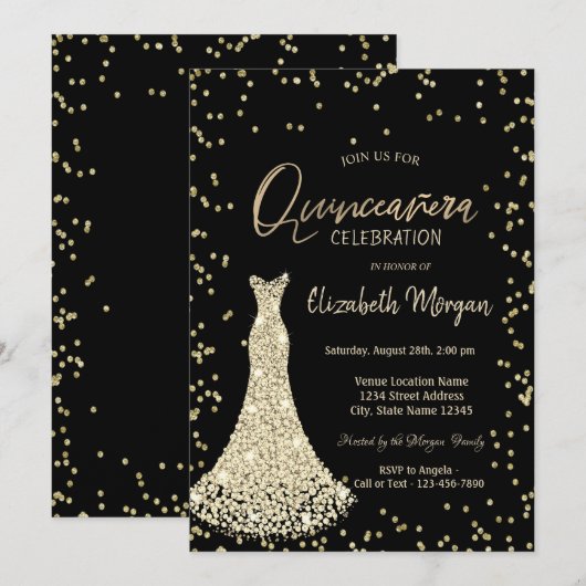 Gold Dress Diamonds Black Quinceañera Kaart (Voorkant / Achterkant)