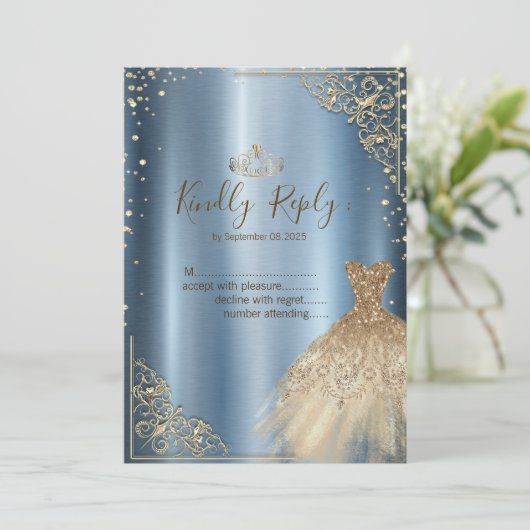 Gold Dress Diamonds Blauw RSVP Kaart (Staand voorkant)
