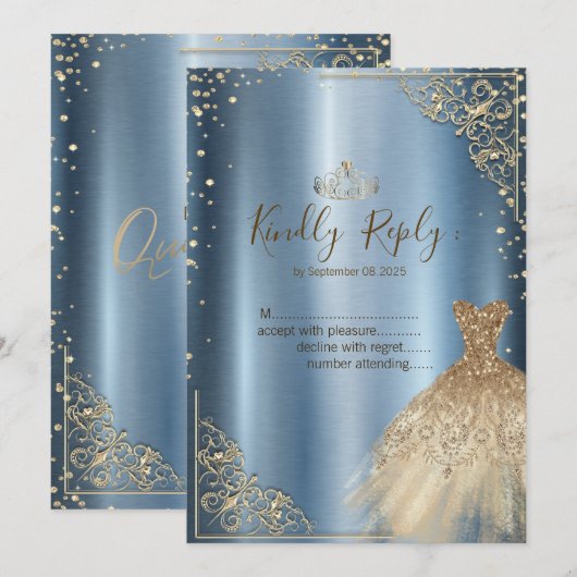 Gold Dress Diamonds Blauw RSVP Kaart (Voorkant / Achterkant)