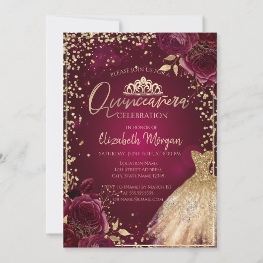 Gold Dress, Diamonds Burgundy Rozen Quinceañera Kaart (Voorkant)
