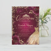 Gold Dress, Diamonds Burgundy Rozen Quinceañera Kaart (Staand voorkant)
