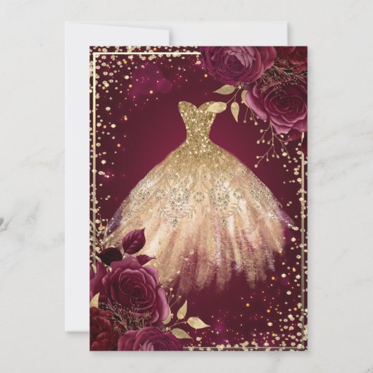 Gold Dress, Diamonds Burgundy Rozen Quinceañera Kaart (Achterkant)