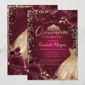 Gold Dress, Diamonds Burgundy Rozen Quinceañera Kaart (Voorkant / Achterkant)