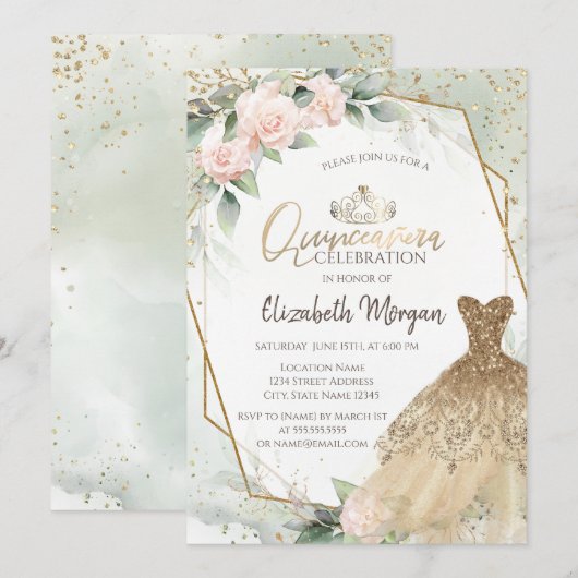 Gold Dress, Diamonds Waterverf Green Quinceañera Kaart (Voorkant / Achterkant)
