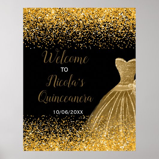 Gold Dress Faux Glitter Quinceanera Welcome Poster (Voorkant)