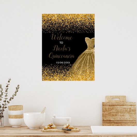 Gold Dress Faux Glitter Quinceanera Welcome Poster (Keuken)