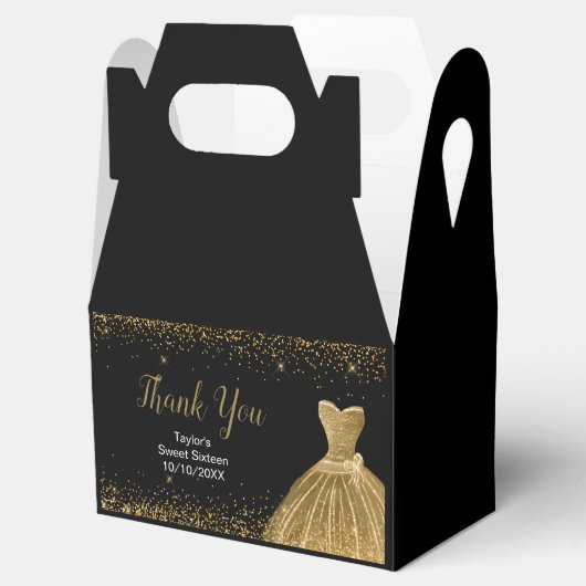 Gold Dress Faux Glitter Sweet 16 Birthday Bedankdoosjes (Geopend)