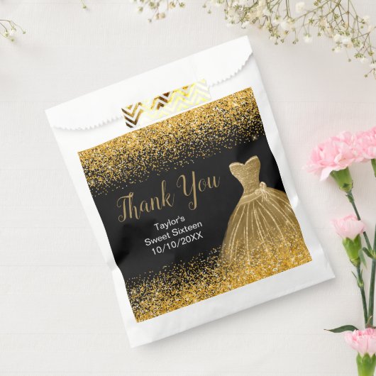 Gold Dress Faux Glitter Sweet 16 Birthday Bedankzakje (Gezegeld)