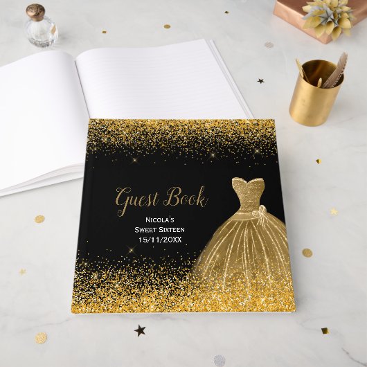 Gold Dress Faux Glitter Sweet 16  Gastenboek (Voorkant open)