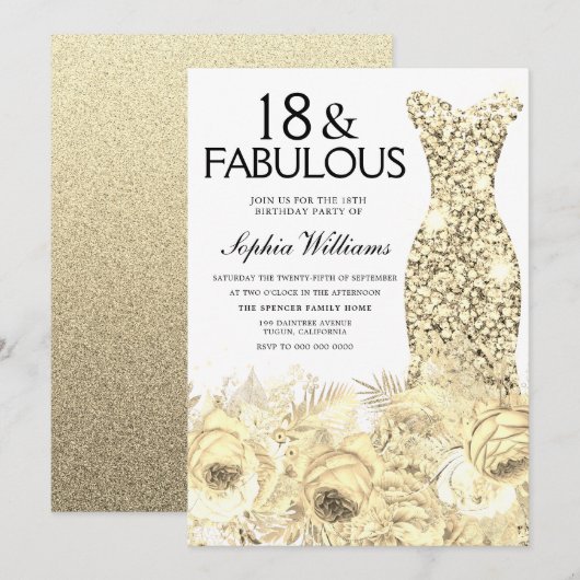 Gold Dress Floral 18 & Fabulous 18th Birthday Kaart (Voorkant / Achterkant)