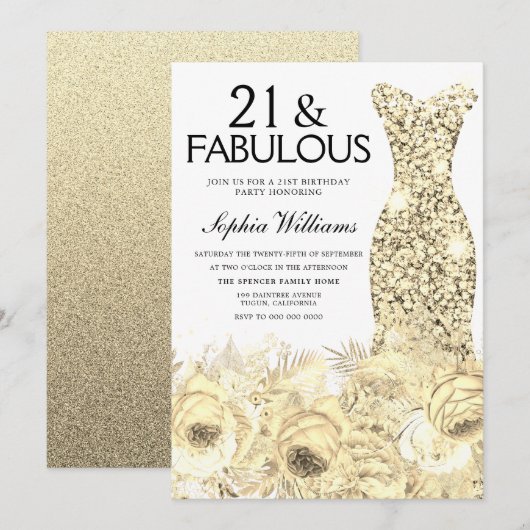 Gold Dress Floral 21 & Fabulous 21st Birthday Kaart (Voorkant / Achterkant)