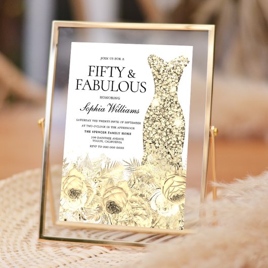 Gold Dress Floral 50 jaar en 50 jaar oud Kaart
