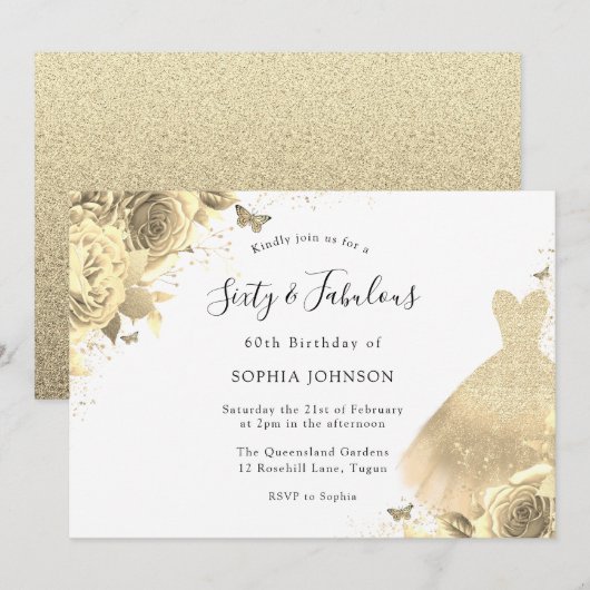 Gold Dress Floral 60e verjaardag 60e verjaardag en Kaart (Voorkant / Achterkant)