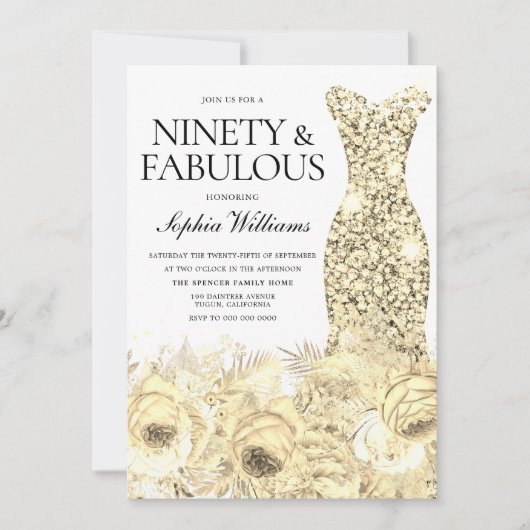 Gold Dress Floral Ninety & Fabulous 90th Birthday Kaart (Voorkant)