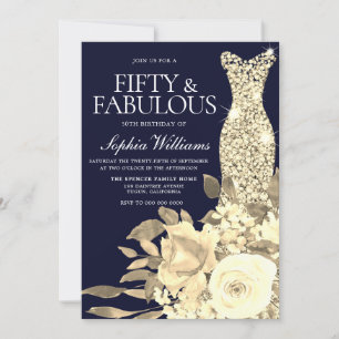 Gold Dress Golden Flowers Navy 50th Birthday Party Kaart