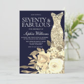 Gold Dress Golden Flowers Navy 70th Birthday Party Kaart (Staand voorkant)