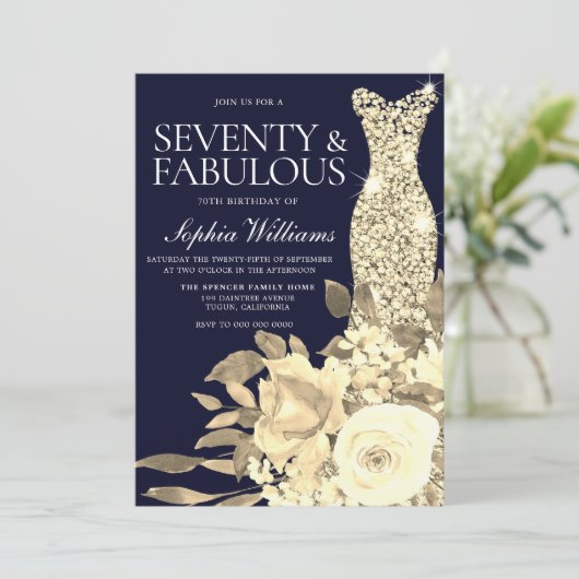 Gold Dress Golden Flowers Navy 70th Birthday Party Kaart (Staand voorkant)