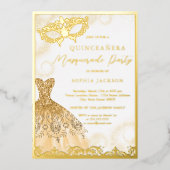 Gold Dress Masquerade Party Quinceanera Folie Uitnodiging (Voorkant)