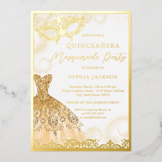 Gold Dress Masquerade Party Quinceanera Folie Uitnodiging (Voorkant)