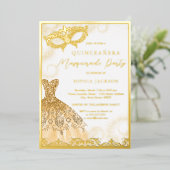 Gold Dress Masquerade Party Quinceanera Folie Uitnodiging (Staand Voorkant)