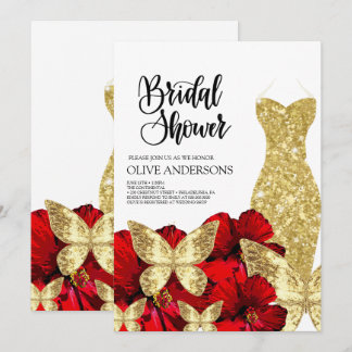 Gold Dress Red Rose Floral Bridal Shower  Kaart