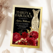Gold Dress Red Roses 30th Birthday Gold Folie Uitnodiging