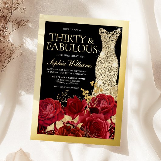 Gold Dress Red Roses 30th Birthday Gold Folie Uitnodiging