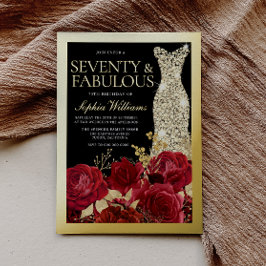 Gold Dress Red Roses 70th Birthday Gold Folie Uitnodiging
