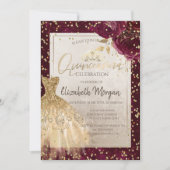 Gold Dress Tiara, Burgundy Flowers Quinceañera Kaart (Voorkant)