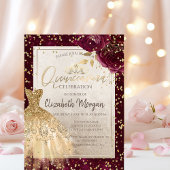 Gold Dress Tiara, Burgundy Flowers Quinceañera Kaart