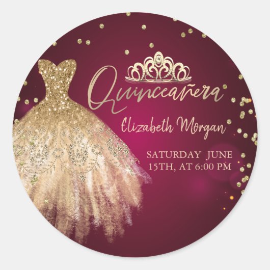 Gold Dress Tiara, Diamonds Burgundy Quinceañera Ronde Sticker (Voorkant)