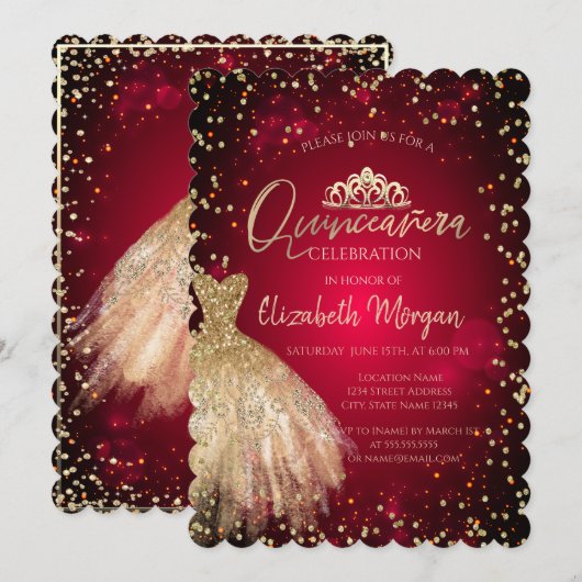 Gold Dress Tiara, Diamonds Red Quinceañera Kaart (Voorkant / Achterkant)