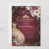 Gold Dress Tiara, Floral Burgundy Quinceañera Kaart (Voorkant)